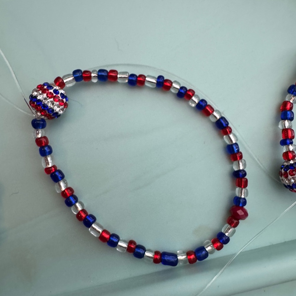 Hand Crafted Red, Blue, and Silver Beaded Bracelet